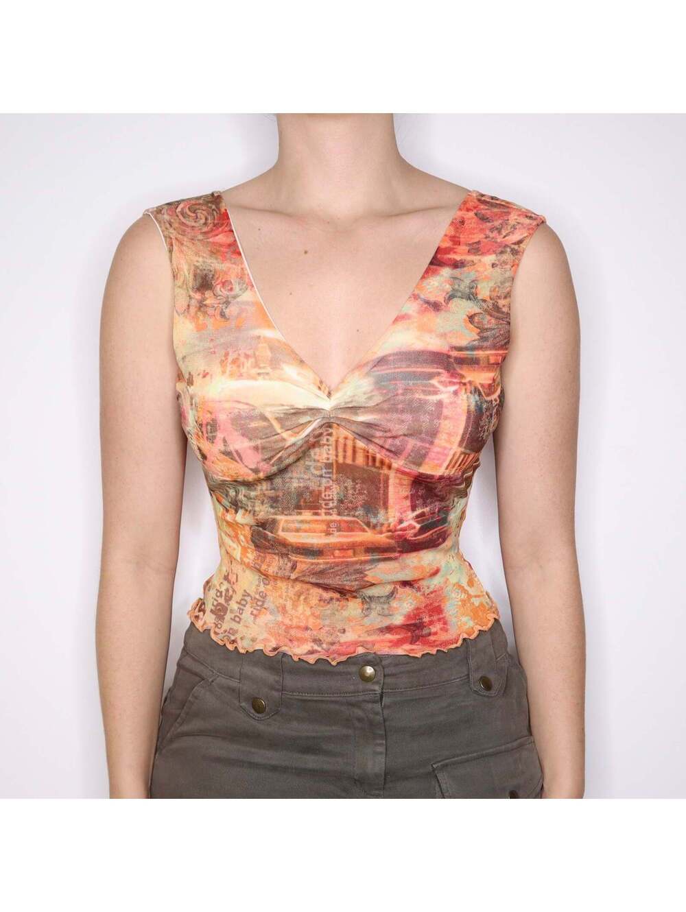 Y2K Italian Orange Mesh Graphic Tank Top (S)